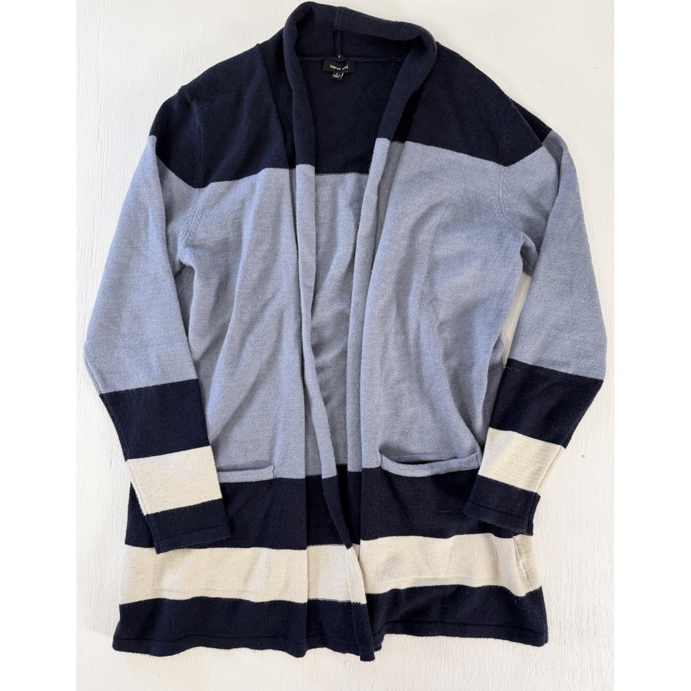 Verve Ami Women's L Long Open Cardigan‎ Sweater Navy Blue Color-block Coastal